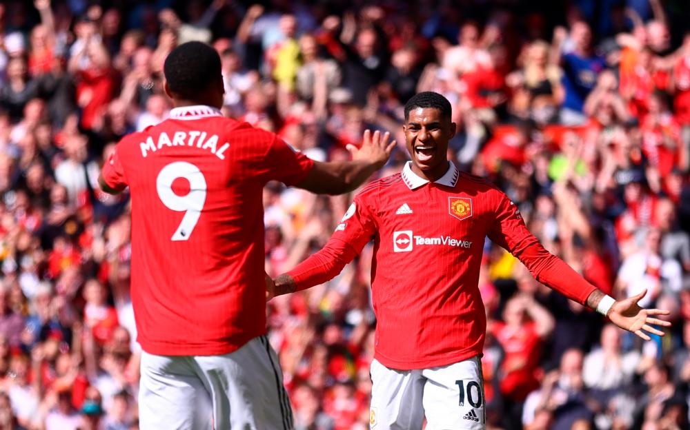 Football - Premier League - Manchester United v Everton - Old Trafford, Manchester, Britain - April 8, 2023 Manchester United’s Anthony Martial celebrates scoring their second goal with Marcus Rashford REUTERSPIX