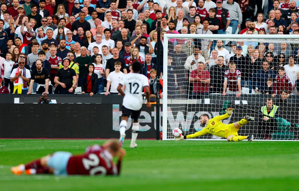 London, Britain - May 7, 2023 West Ham United’s Said Benrahma scores their first goal past Manchester United’s David de Gea. REUTERSPIX