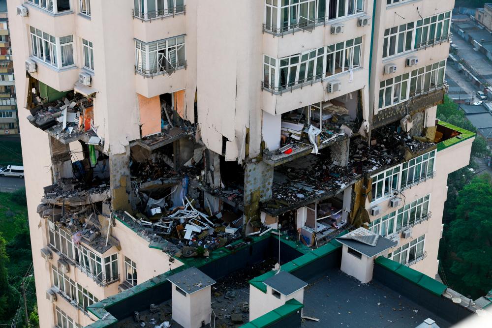 A view of an apartment building damaged during Russian missile strikes, amid Russia’s attack on Ukraine, in Kyiv, Ukraine June 24, 2023. REUTERSPIX