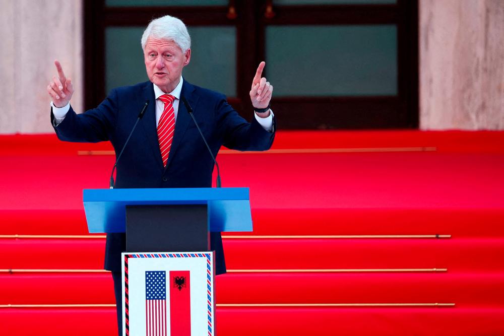 Former US president Bill Clinton delivers his speech during a welcoming ceremony at the Albania’s Prime minister office in Tirana, Albania, July 3, 2023. REUTERSPIX