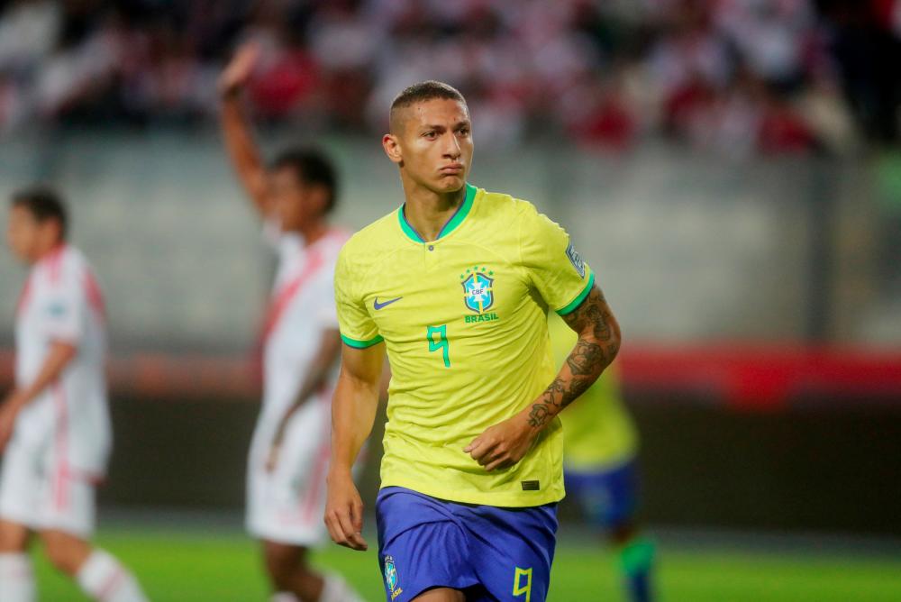 Football - World Cup - South American Qualifiers - Peru v Brazil - Estadio Nacional, Lima, Peru - September 12, 2023Brazil's Richarlison celebrates scoring a goal later disallowed after a VAR review - REUTERSPIX