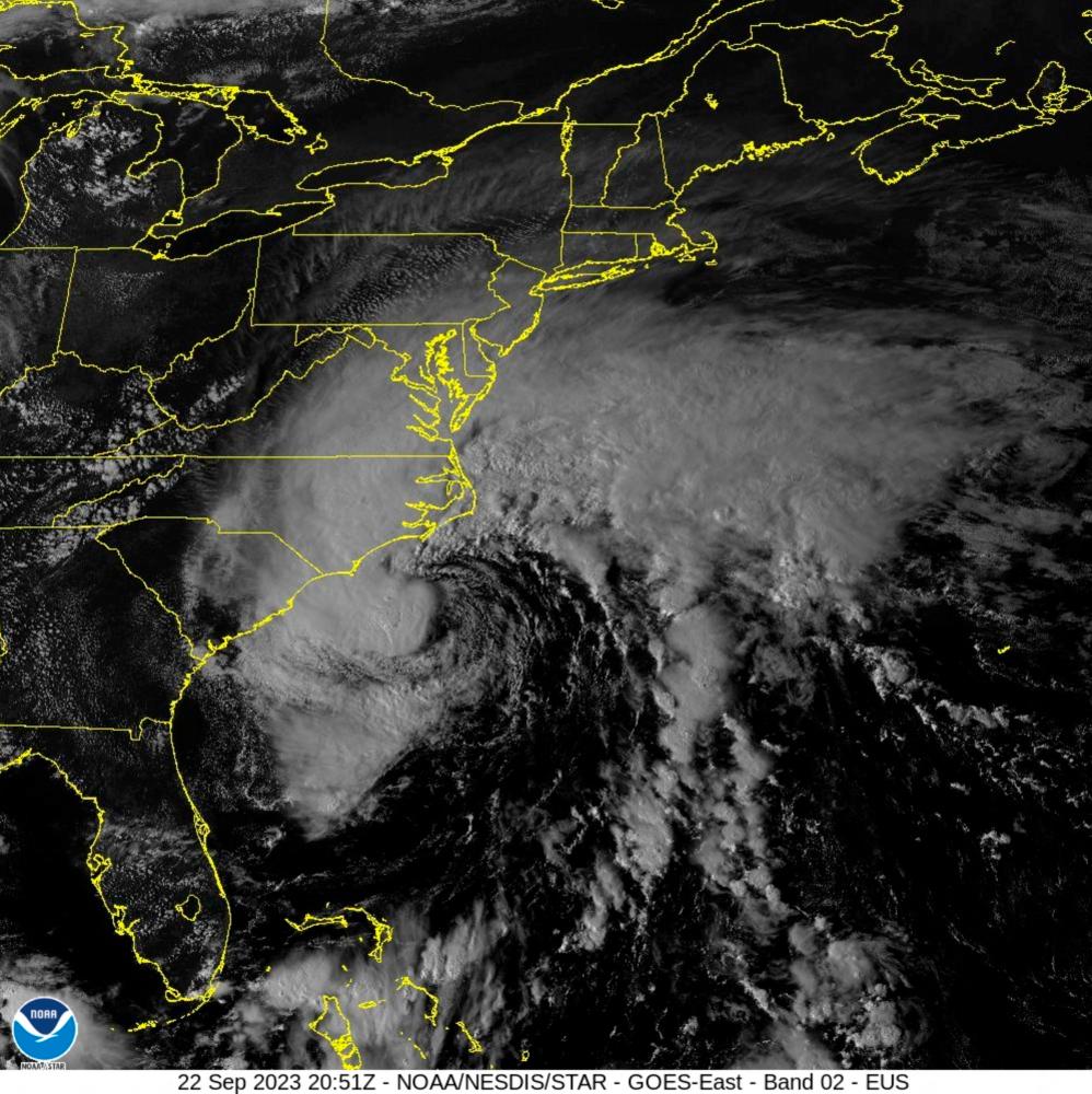Tropical storm Ophelia approaches North Carolina, South Carolina and Virginia, US in this image from the National Oceanic and Atmospheric Administration (NOAA) GOES-East weather satellite, September 22, 2023. REUTERSPIX