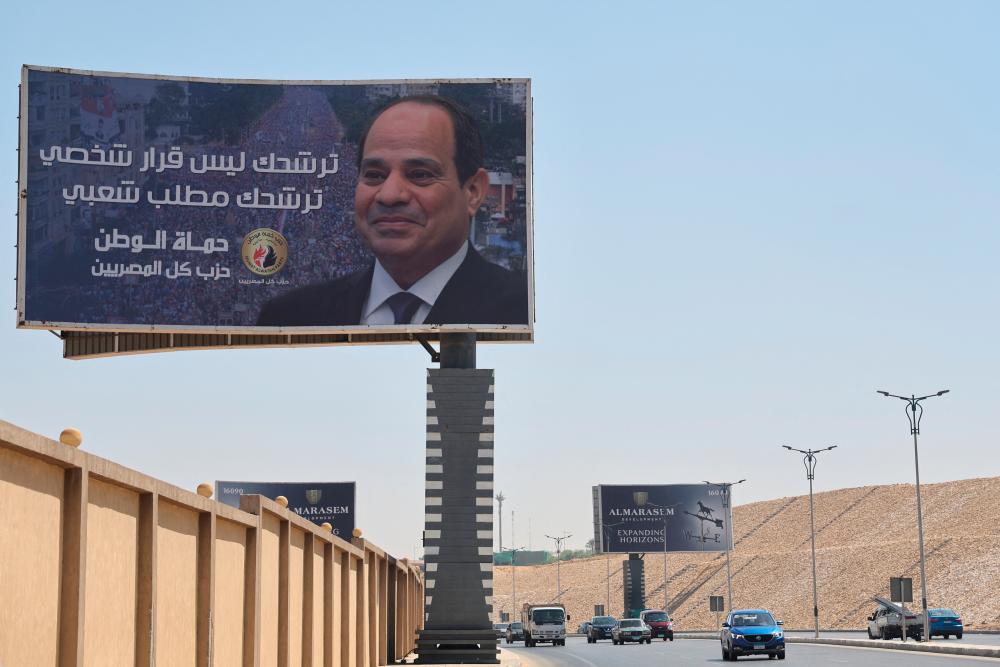 A view of a billboard banner supporting Egypt’s President Abdel Fattah al-Sisi in Cairo, Egypt September 25, 2023. REUTERSPIX