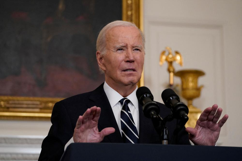 US President Joe Biden speaks about the conflict in Israel, after Hamas launched its biggest attack in decades, while making a statement about the crisis, at the White House in Washington, US October 7, 2023. REUTERSPIX