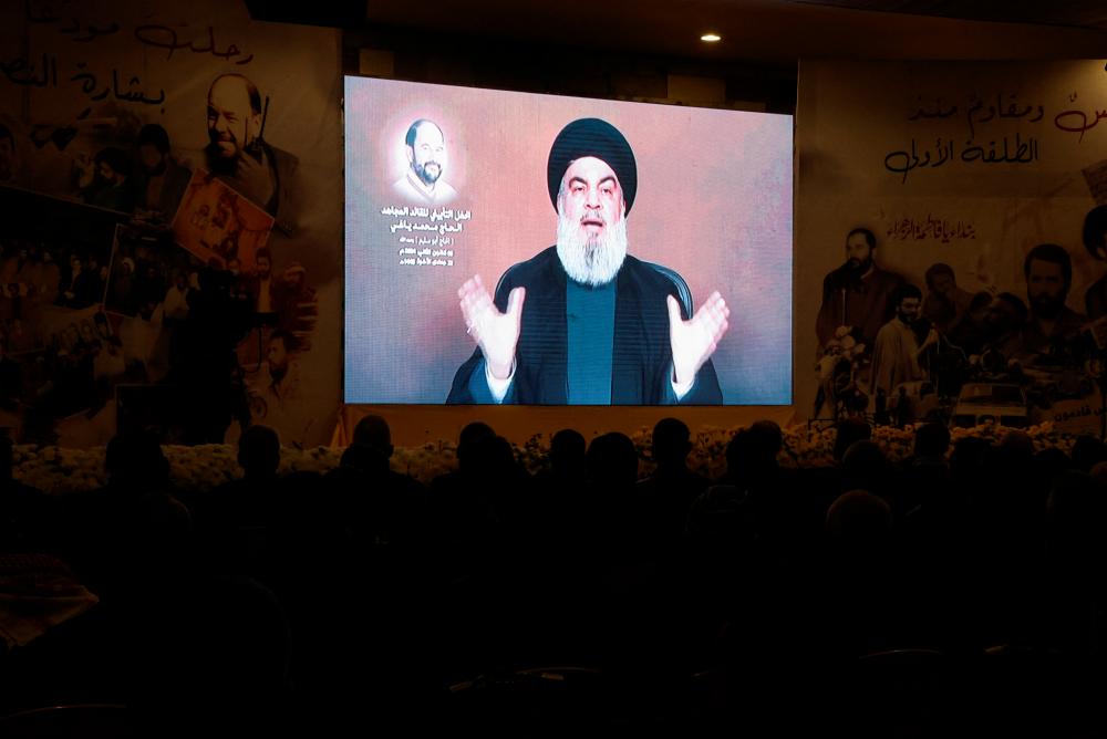 Lebanon’s Hezbollah leader Sayyed Hassan Nasrallah gives a televised address at a memorial ceremony to mark one week since the passing of Mohammad Yaghi, one of the powerful armed group’s figures, in Baalbek, Lebanon January 5, 2024/REUTERSPix