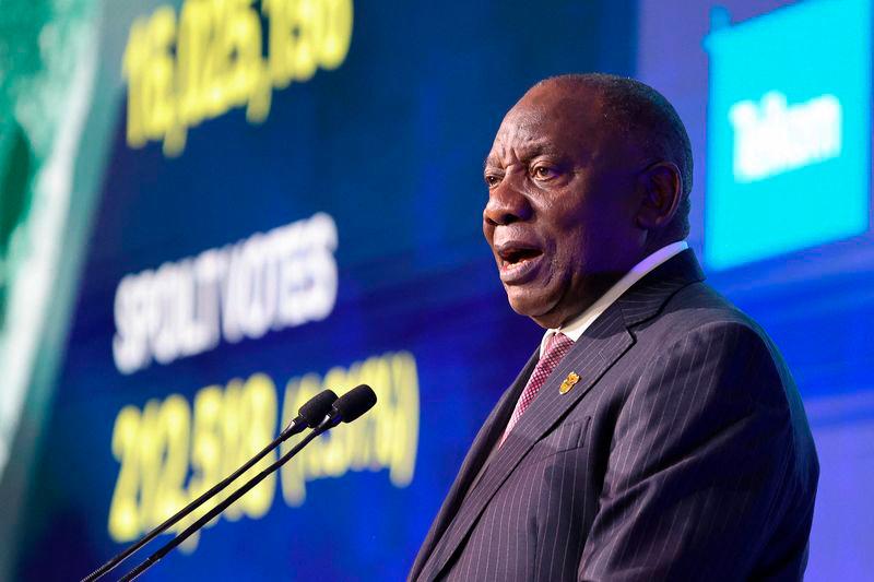 South African President Cyril Ramaphosa speaks as people attend the announcement of the election results at the National Results Operation Centre of the IEC - REUTERSpix