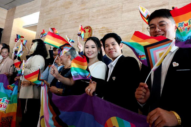 Members of the LGBTQ+ community react as they arrive ahead of the passing of the marriage equality bill in its second and third readings by the Senate, which will effectively make Thailand Asia's third territory to legalise same-sex unions, in Bangkok, Thailand, June 18, 2024. - REUTERSPIX