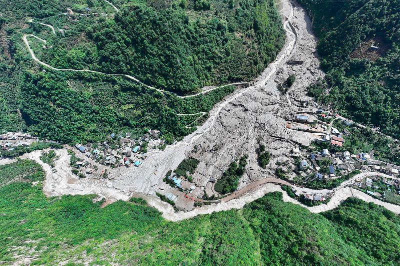 A drone view shows the site of a flash flood and landslide in Ridi village, Ganzi Tibetan Autonomous Prefecture of Kangding, Sichuan province, China August 3, 2024. - cnsphoto via REUTERS