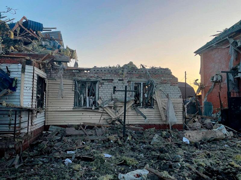 A view shows a damaged house following what local authorities called a Ukrainian military strike, in the course of the Russia-Ukraine conflict in the town of Sudzha in the Kursk Region, Russia, in this handout image released August 6, 2024. - Acting Governor of Kursk Region Alexei Smirnov via Telegram/Handout via REUTERS