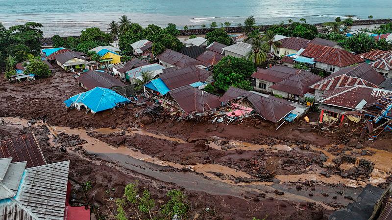 A drone view shows houses damaged following flashfloods in Rua village, Ternate, North Maluku province, Indonesia, August 25, 2024, in this photo taken by Antara Foto. - Antara Foto/Andri Saputra/via REUTERS