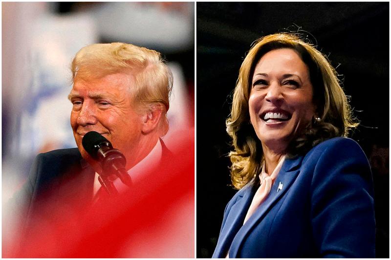 A combination picture shows Republican presidential nominee and former U.S. President Donald Trump reacting during a campaign rally held with Republican vice presidential nominee Senator JD Vance, in Atlanta, Georgia, U.S., August 3, 2024., and U.S. Vice President and Democratic presidential candidate Kamala Harris reacting as she holds a campaign rally with her newly chosen vice presidential running mate Minnesota Governor Tim Walz in Philadelphia, Pennsylvania, U.S., August 6, 2024. - REUTERS/Umit Bektas/Elizabeth Frantz/File Photo