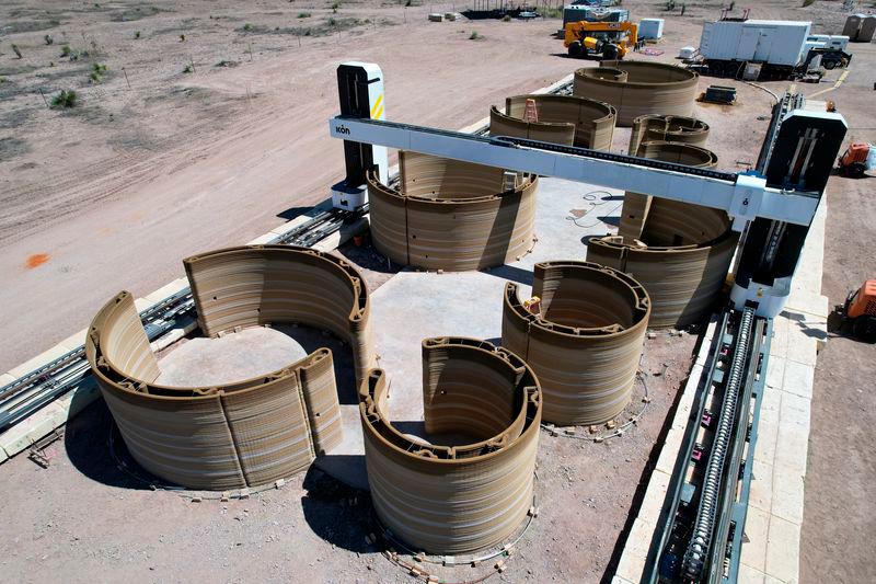 An aerial view of the first 3D-printed residential unit in foreground and first 3D-printed hotel unit in background of El Cosmico campground and hotel in Marfa, Texas, U.S., September 10, 2024. REUTERSPIX