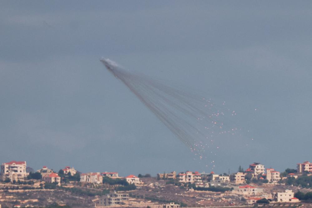 Artillery is fired by the Israeli Army into Lebanon, amid cross-border hostilities between Hezbollah and Israel, as seen from Jish, northern Israel October 2, 2024. - REUTERSPIX