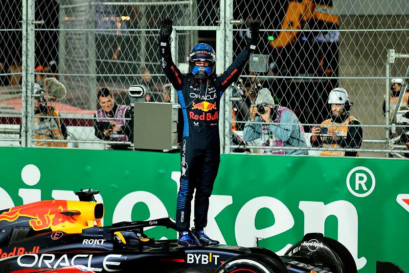 Formula One F1 - Las Vegas Grand Prix - Las Vegas Strip Circuit, Las Vegas, Nevada, United States - November 23, 2024 Red Bull’s Max Verstappen celebrates after winning the 2024 F1 world championship title. - REUTERS/Mike Blake