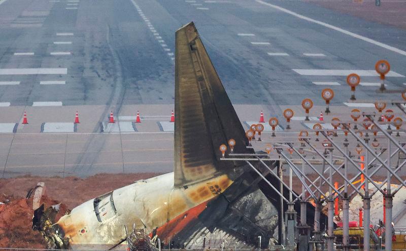 The wreckage of the Jeju Air aircraft that went off the runway and crashed lies near skid marks on the runway at Muan International Airport - REUTERSpix