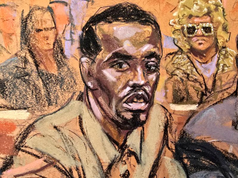 Sean 'Diddy' Combs', with his mom seated in the back, attends a hearing in federal court in the Manhattan borough of New York City, U.S., October 10, 2024 in this courtroom sketch. REUTERSpix/Jane Rosenberg