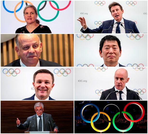 A combination picture shows the seven candidates in the race for the IOC presidency, Kirsty Coventry, Sebastian Coe, Prince Faisal Al Hussein, Morinari Watanabe, David Lappartient, Johan Eliasch and Juan Antonio Samaranch Jr. March 14, 2025. - REUTERS