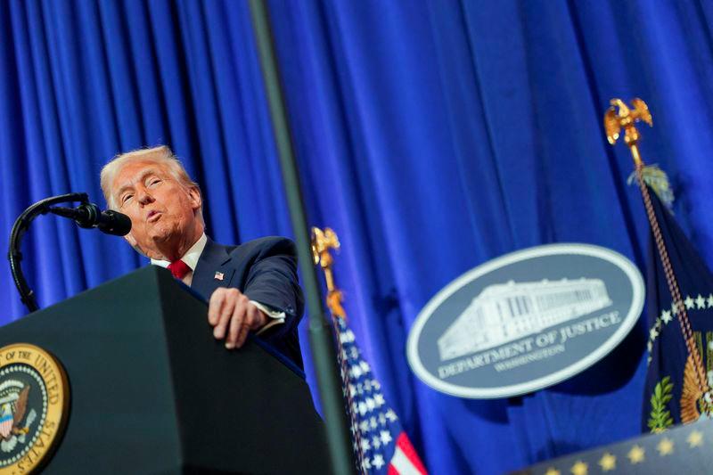 U.S. President Donald Trump speaks during his visit to the Department of Justice to address its workers, in Washington, D.C., U.S., March 14, 2025. - REUTERSPIX