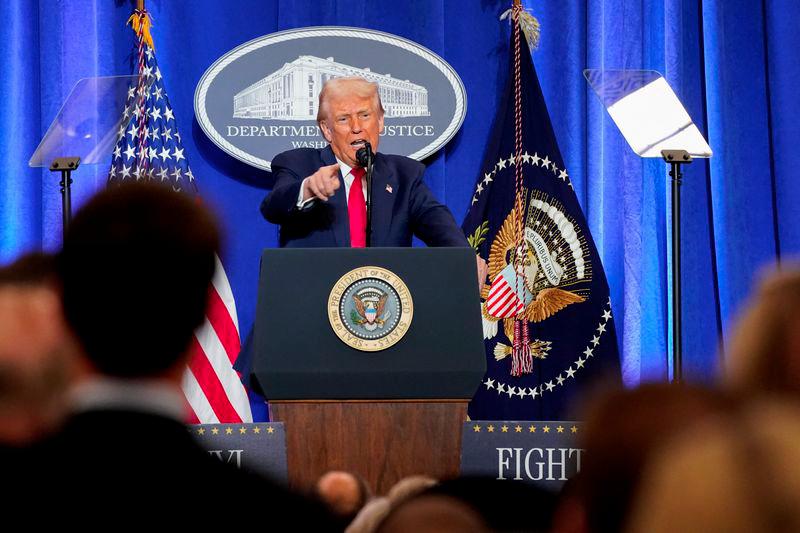 U.S. President Donald Trump speaks during his visit to the Department of Justice to address its workers, in Washington, D.C., U.S., March 14, 2025. - REUTERSPIX