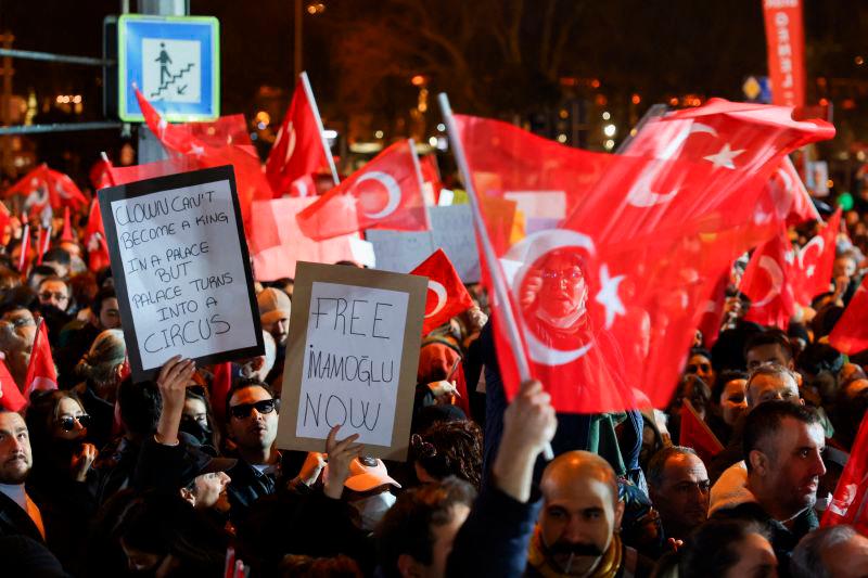 Demonstrators attend a protest against the detention of Istanbul Mayor Ekrem Imamoglu, in Istanbul, Turkey, March 22, 2025. REUTERSpix