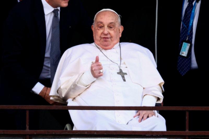 Pope Francis gestures during his first public appearance in five weeks, on the day he is set to be discharged from Gemelli Hospital, in Rome - REUTERSpix