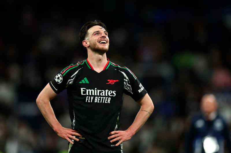 Football - Champions League - Quarter Final - Second Leg - Real Madrid v Arsenal - Santiago Bernabeu, Madrid, Spain - April 16, 2025Arsenal's Declan Rice celebrates after the match - REUTERSPIX
