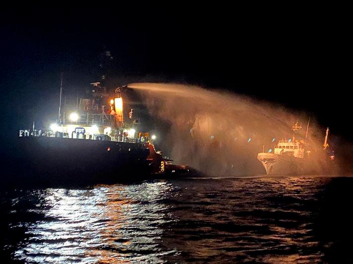 A tug vessel puts out a fire on the Gaza Freedom Flotilla vessel Conscience outside Maltese territorial waters in this handout picture provided by Malta Government Department of Information, May 2, 2025. - REUTERSPIX