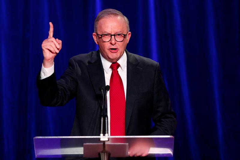 Australia's Prime Minister Anthony Albanese speaks at a Labor party election night event, after local media projected the Labor Party's victory, on the day of the Australian federal election, in Sydney, Australia, May 3, 2025. - REUTERSPIX