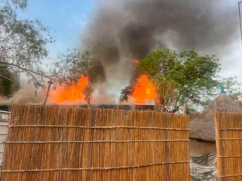 Fire burns following an aerial bombardment that resulted in casualties at the medical charity Medecins Sans Frontieres run facility destroying the last remaining hospital and pharmacy in the northern town of Old Fangak in Fangak county, South Sudan May 3, 2025. Medecins Sans Frontieres/Handout via REUTERSpix