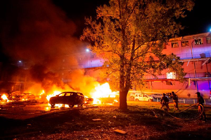 Firefighters work at the site of a Russian drone strike, amid Russia’s attack on Ukraine, in Kyiv, Ukraine May 4, 2025. REUTERSpix