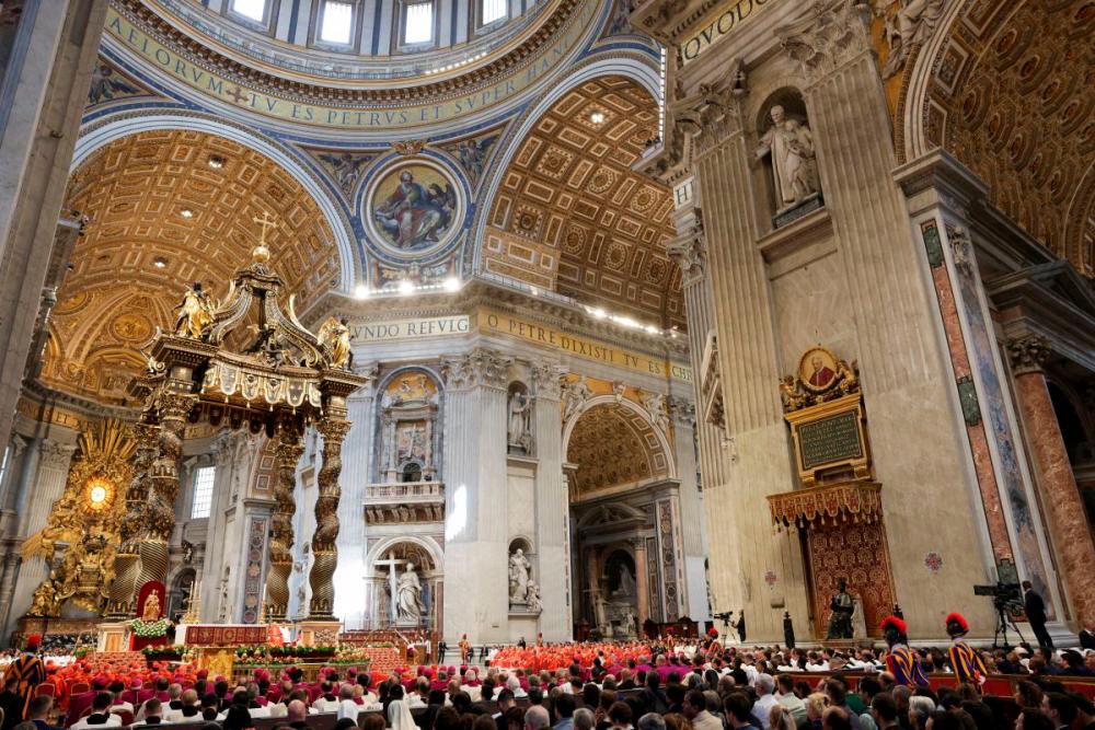 People attend the Holy Mass, celebrated for the election of the new pope, presided over by the Dean of the College of Cardinals, Cardinal Giovanni Battista Re, in St. Peter’s Basilica, at the Vatican, May 7, 2025. REUTERSpix