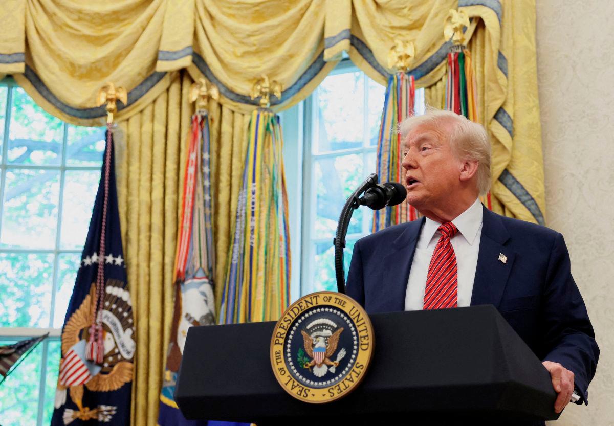 U.S. President Donald Trump takes questions from the media following former U.S. Senator David Perdue’s swearing-in ceremony to be the new U.S. ambassador to China, at the White House in Washington, D.C., U.S., May 7, 2025. REUTERS