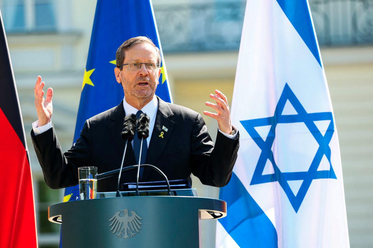 Israel's President Isaac Herzog gestures as he attends a press conference with German President Frank-Walter Steinmeier (not pictured) at Bellevue Palace in Berlin, Germany, May 12, 2025. - REUTERSPIX