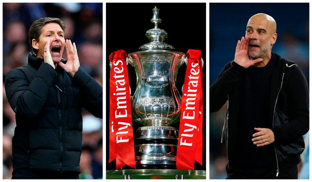 A combination picture shows Crystal Palace manager Oliver Glasner, the FA Cup trophy and Manchester City manager Pep Guardiola ahead of the FA Cup Final. May 14, 2025 REUTERSpix