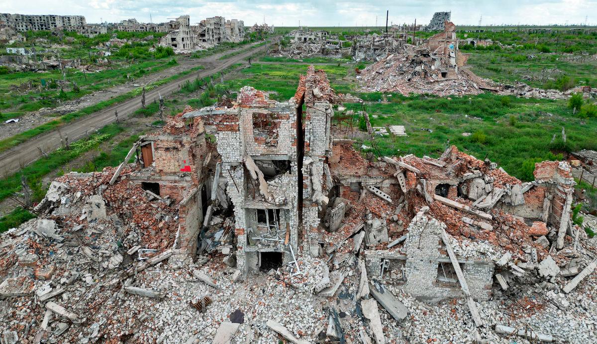 A drone view shows the ruins of residential buildings in the abandoned town of Marinka (Maryinka), which was destroyed in the course of Russia-Ukraine conflict in the Donetsk region, a Russian-controlled area of Ukraine, May 15, 2025. REUTERSpix