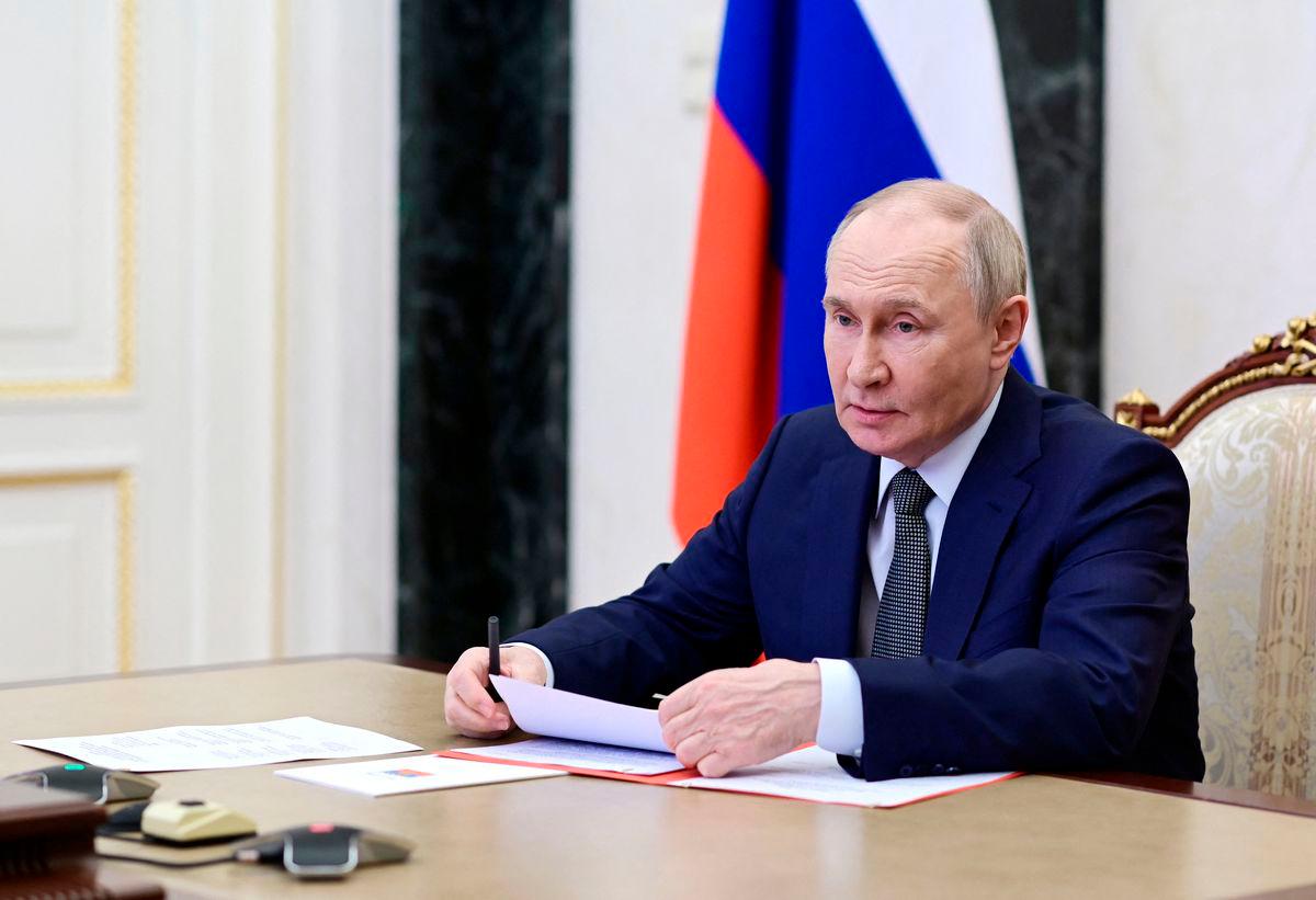 Russian President Vladimir Putin chairs a meeting with members of the Security Council via a video link in Moscow, Russia, May 16, 2025. REUTERSpix