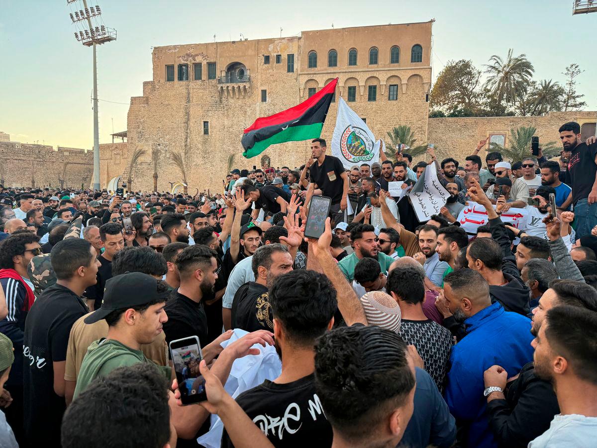 Demonstrators demand the overthrow of the Libya’s Government of National Unity headed by Abdulhamid al-Dbeibah, in Martyrs’ Square in Tripoli, Libya. May 16, 2025. REUTERSpix