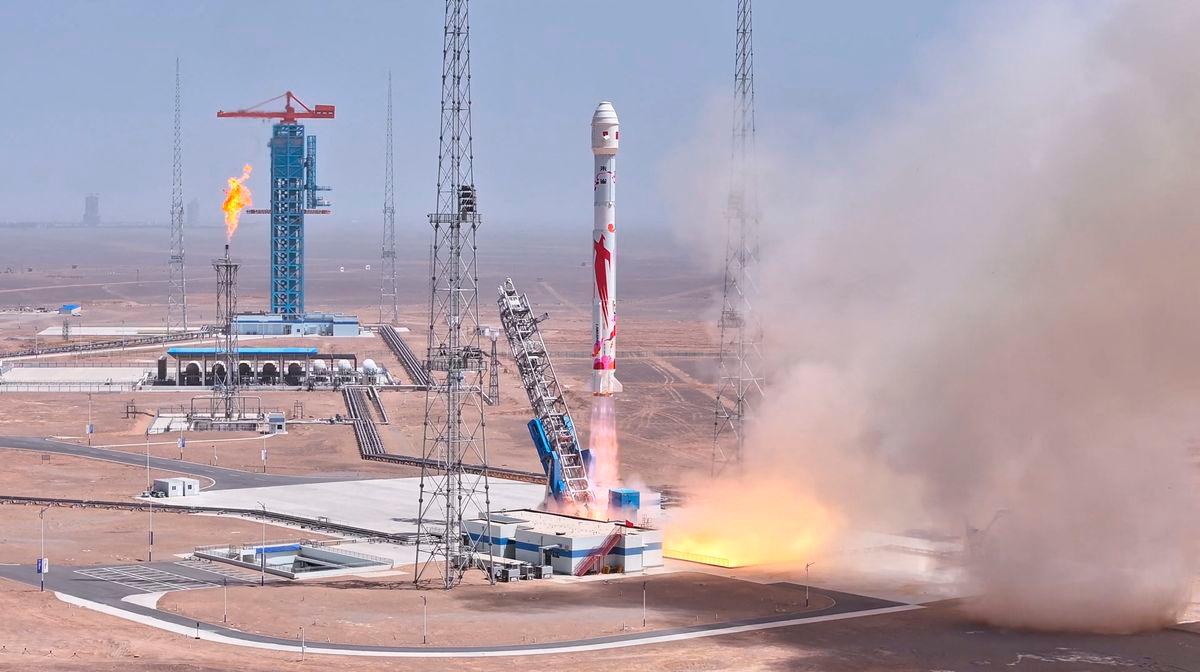 The Zhuque-2E Y2 carrier rocket, a methane-powered rocket developed by LandSpace Technology, takes off from the Jiuquan Satellite Launch Center to launch six satellites into orbit, in China, in this screenshot from a handout video released May 17, 2025. REUTERSpix