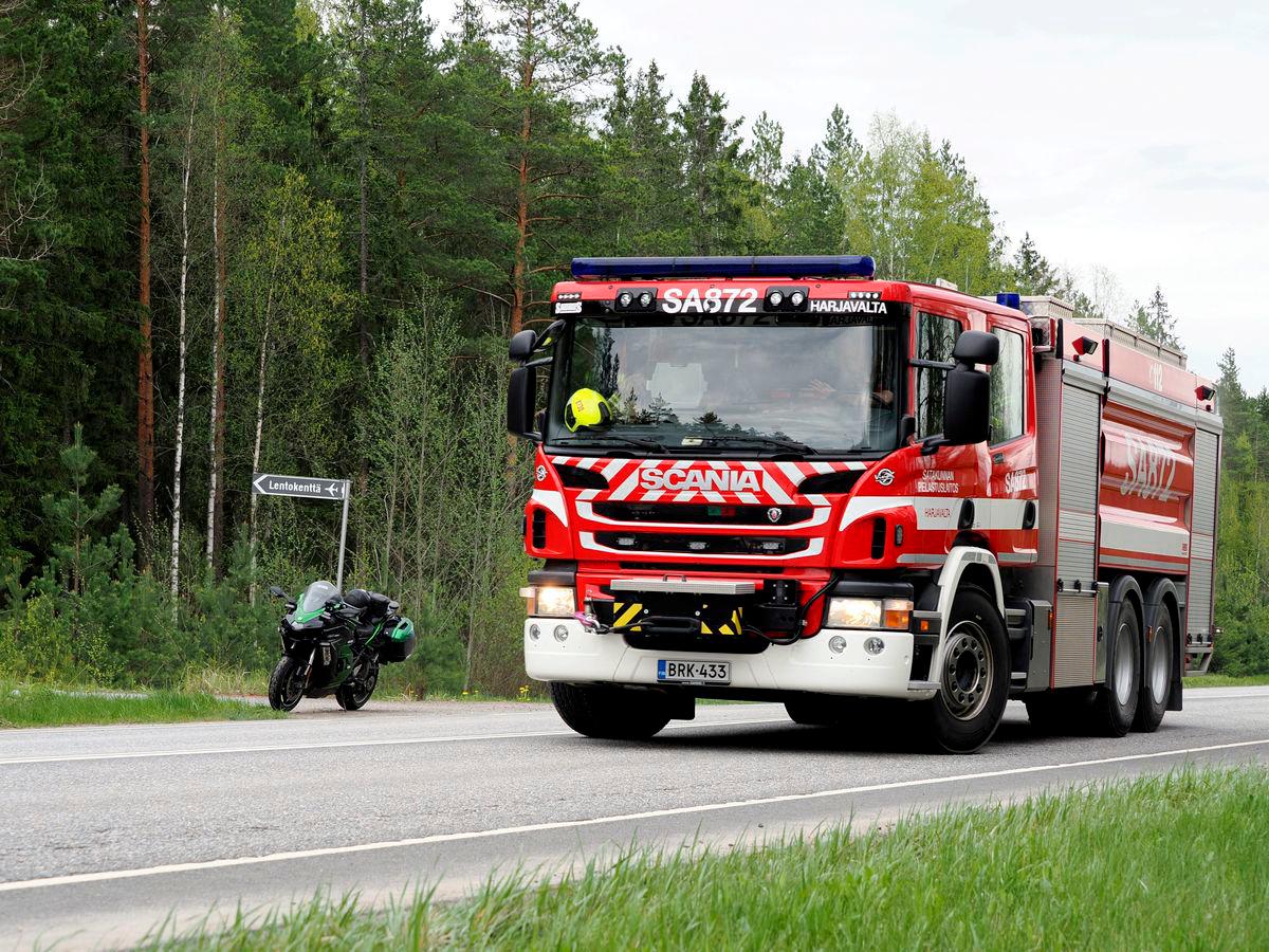 A fire department vehicle is seen near the crash site close to the Eura Airfield in Eura, Finland, on May 17, 2025. REUTERSpix