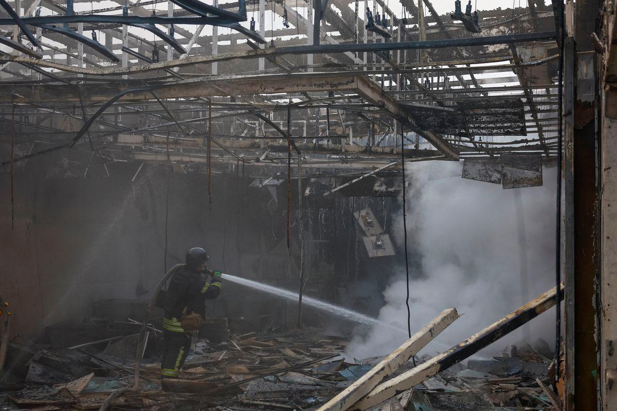 A firefighter works at the site of a private enterprise hit by a Russian drone strike, amid Russia’s attack on Ukraine, outside of Kyiv, Ukraine May 18, 2025. REUTERSpix