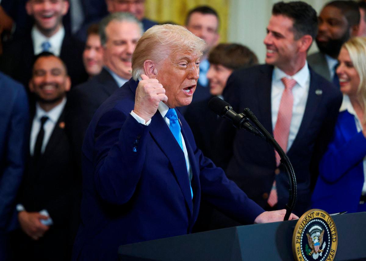 U.S. President Donald Trump speaks as he welcomes the Florida Gators, the 2025 NCAA Men’s Division I Basketball Champions, at the White House in Washington, D.C., U.S., May 21, 2025. REUTERSpix