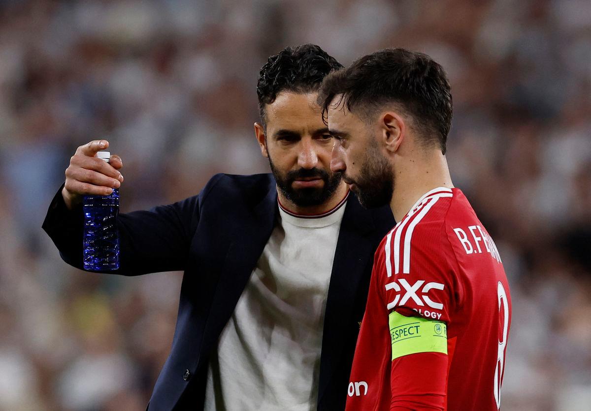 Manchester United manager Ruben Amorim with Manchester United’s Bruno Fernandes after the match REUTERSpix