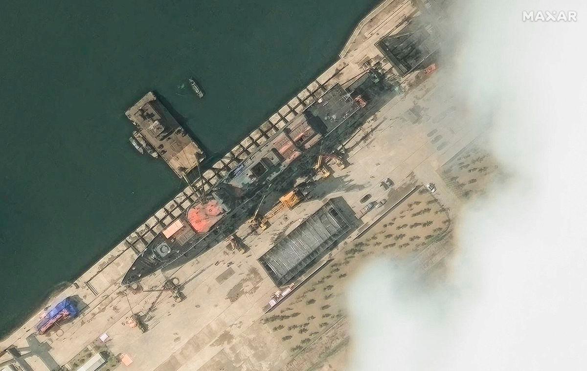 A satellite image shows the new North Korean warship at harbour before launch, in Chongjin, North Korea, May 18, 2025.
