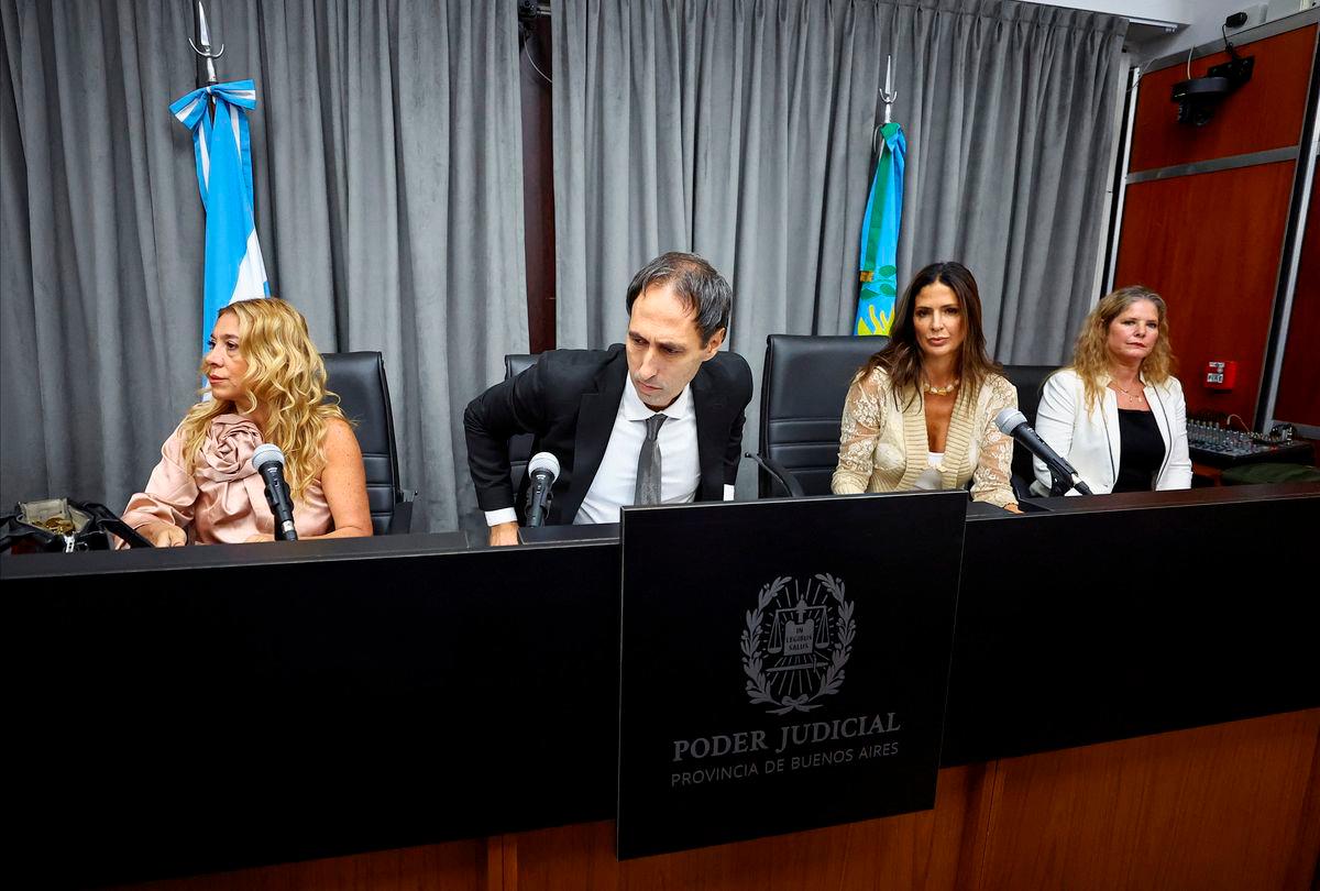 Judges Veronica Di Tommaso, Maximiliano Savarino and Julieta Makintach attend the first day of soccer legend Diego Maradona’s death trial, at the San Isidro court, in San Isidro, on the outskirts of Buenos Aires, Argentina, March 11, 2025. REUTERS