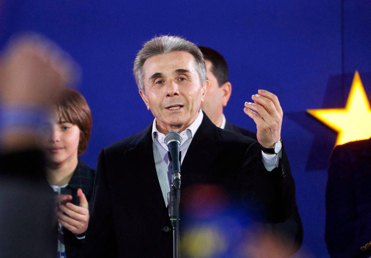 FILE PHOTO: Founder of the Georgian Dream party Bidzina Ivanishvili speaks after the announcement of exit poll results in parliamentary elections, at the Georgian Dream party headquarters in Tbilisi, Georgia October 26, 2024. REUTERSpix