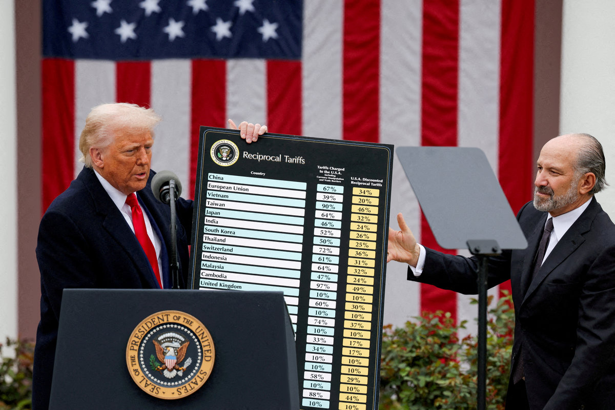 U.S. President Donald Trump holds a chart next to U.S. Secretary of Commerce Howard Lutnick as Trump delivers remarks on tariffs in the Rose Garden at the White House in Washington, D.C., U.S., April 2, 2025. - REUTERSpix