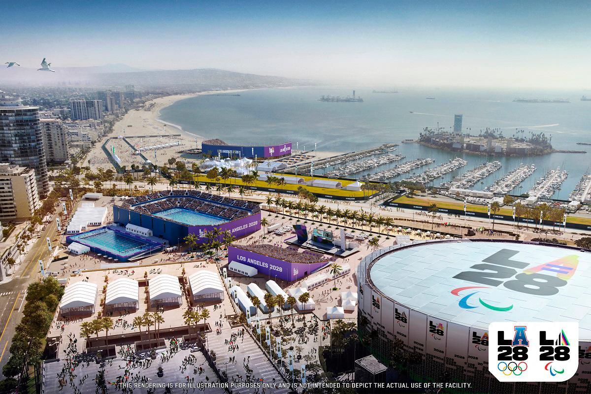 The planned Paralympic venue in Long Beach for blind football, Paralympic swimming and Paralympic climbing of the Los Angeles 2028 Paralympic Games is seen in a digital artist’s rendering released June 3, 2025. - LA28 Paralympics/Handout via REUTERS.