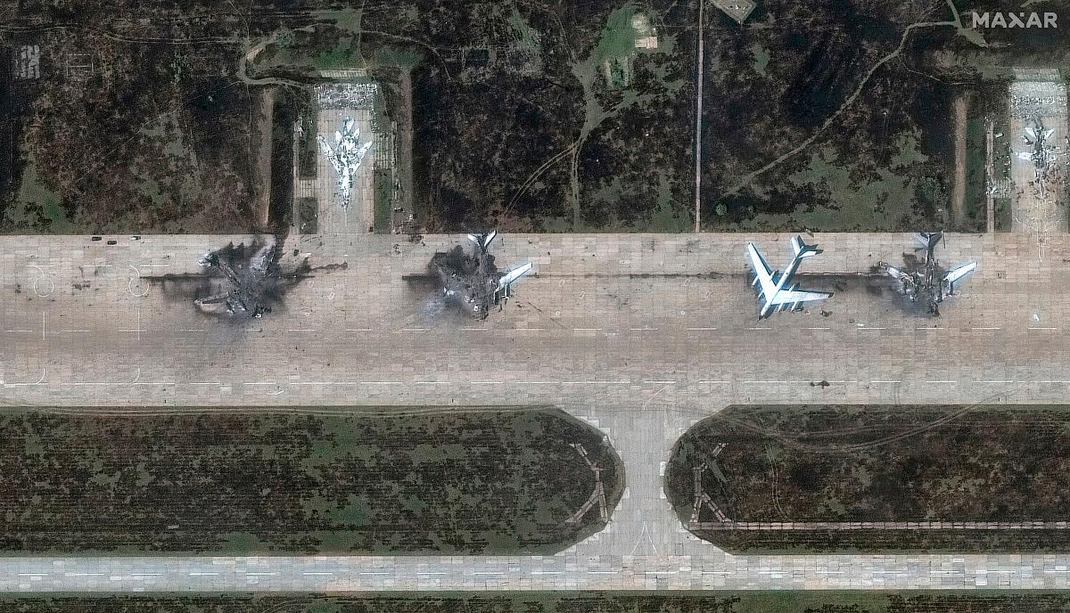 A satellite image shows destroyed TU 95 aircrafts in the aftermath of a drone strike at the Belaya air base, Irkutsk region, Russia, June 4, 2025. - Maxar Technologies/Handout via REUTERS