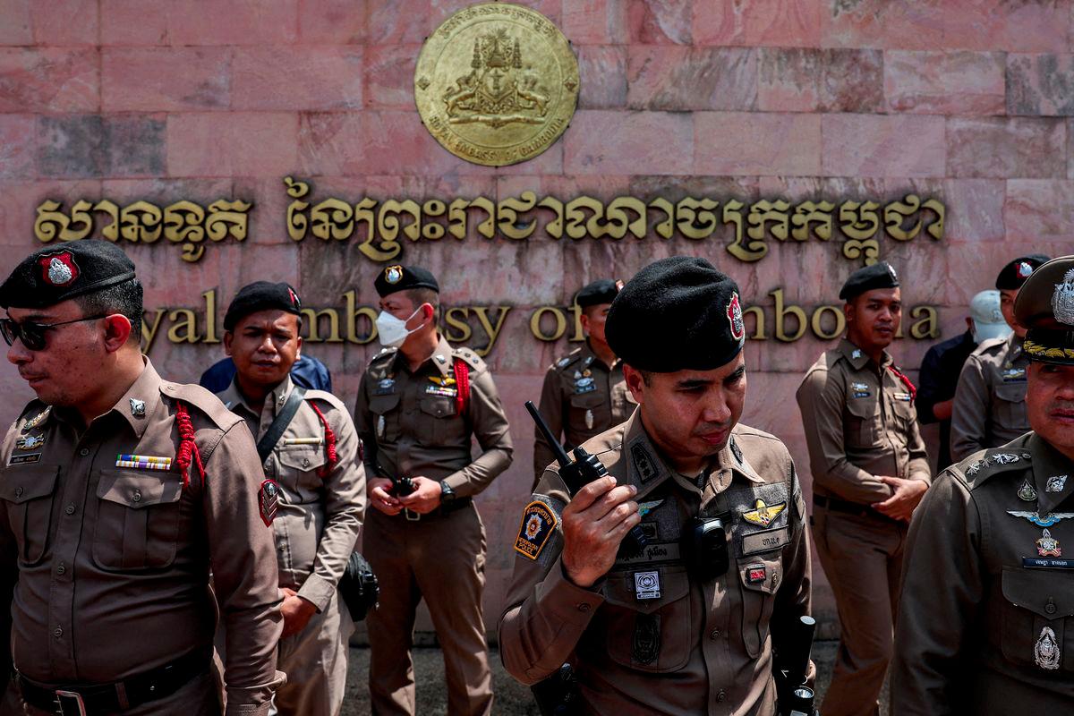 olice officers stand guard in front of the Royal Embassy of Cambodia during a protest by royalist activists, following a recent clash at the Thailand-Cambodia border on May 28, 2025, in Bangkok, Thailand, June 6, 2025. - REUTERSPIX
