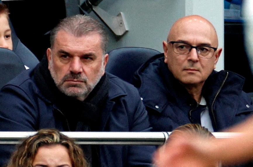 Football - Women's Super League - Tottenham Hotspur v Arsenal - Tottenham Hotspur Stadium, London, Britain - December 16, 2023Tottenham Hotspur manager Ange Postecoglou of the men's team and chairman Daniel Levy watch the match - REUTERSPIX
